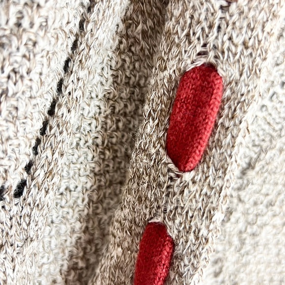 Beige Red Weave Trim Hooded Long Cozy Sweater Coat Cardigan - Picture 13 of 13